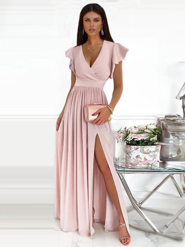 WW | Maxikleid mit Spitzem Ausschnitt und Rüschensäumen