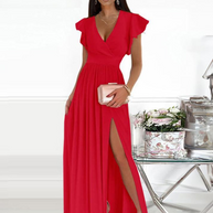 WW | Maxikleid mit Spitzem Ausschnitt und Rüschensäumen