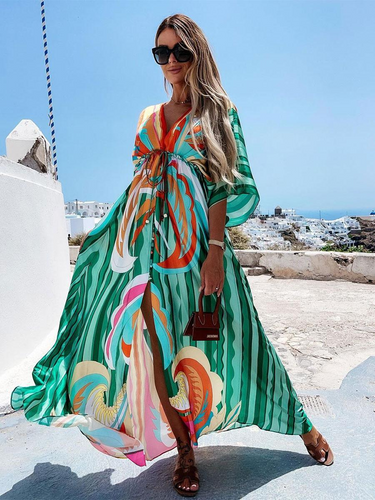 WW | Boho Strandkleid mit Sweetheart-Ausschnitt, Fledermausärmeln, Langer Schnitt und Print
