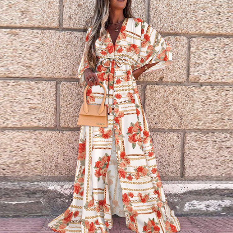 WW | Boho Strandkleid mit Sweetheart-Ausschnitt, Fledermausärmeln, Langer Schnitt und Print