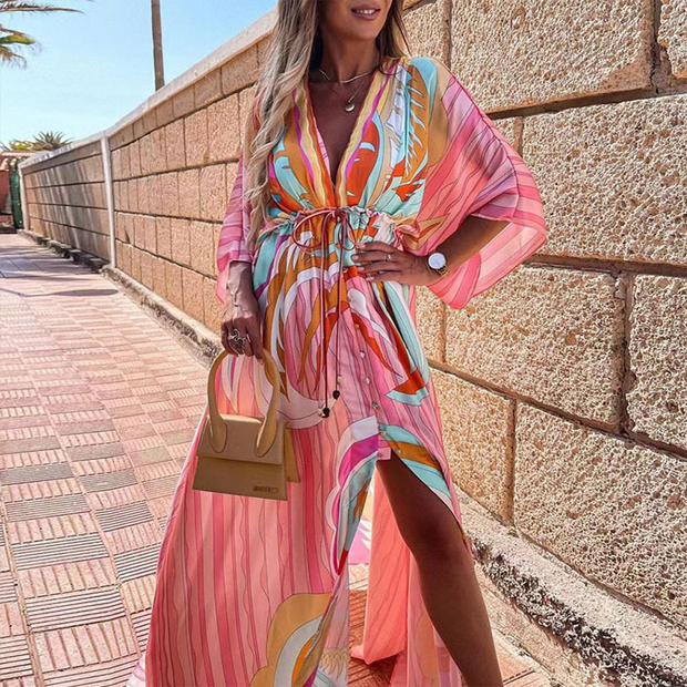 WW | Boho Strandkleid mit Sweetheart-Ausschnitt, Fledermausärmeln, Langer Schnitt und Print