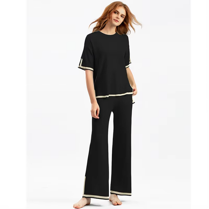 Damen Zweiteiler mit kurzärmeligem Oberteil und Hose mit hoher Taille