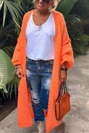 WW | Midi Strickjacke Mit Rückenprint Und Tasche Komfort Und Stil