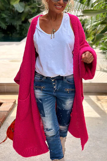 WW | Midi Strickjacke Mit Rückenprint Und Tasche Komfort Und Stil