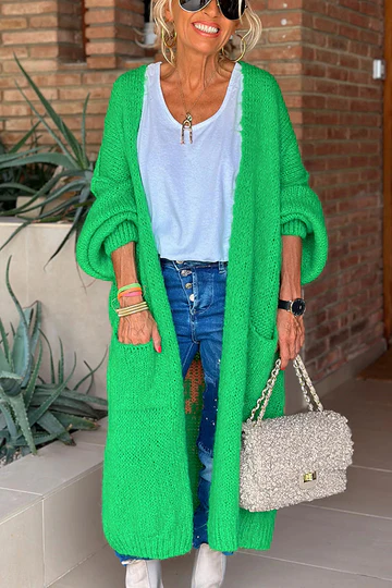 WW | Midi Strickjacke Mit Rückenprint Und Tasche Komfort Und Stil