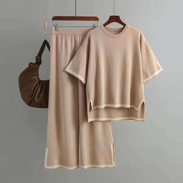 Damen Zweiteiler mit kurzärmeligem Oberteil und Hose mit hoher Taille