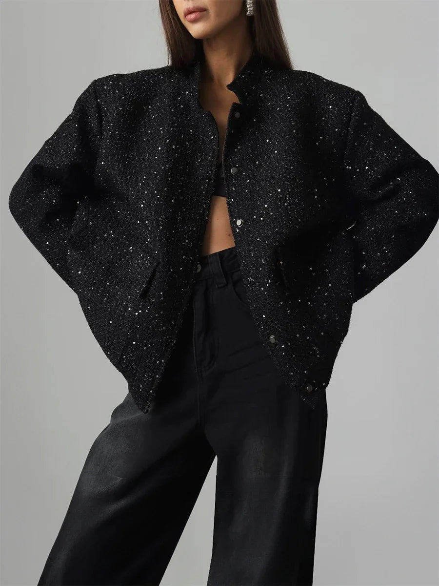 W&W Mode - Damen Pailletten-Tweed-Jacke für einen glamourösen Touch