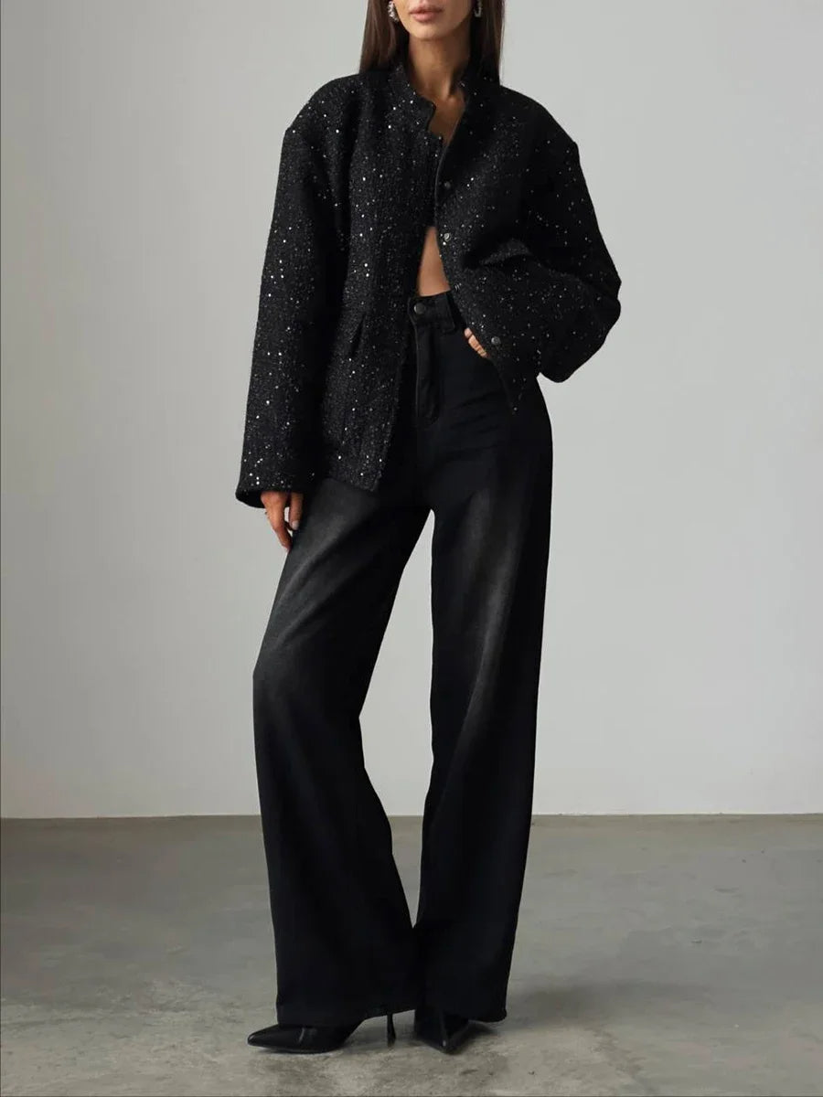W&W Mode - Damen Pailletten-Tweed-Jacke für einen glamourösen Touch