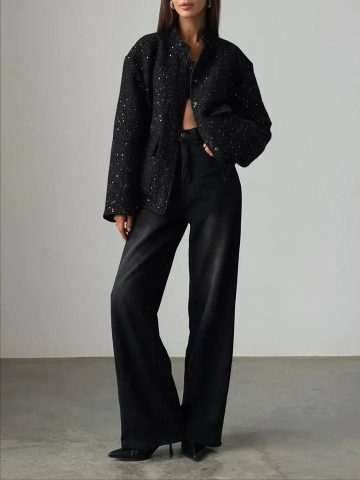 W&W Mode - Damen Pailletten-Tweed-Jacke für einen glamourösen Touch