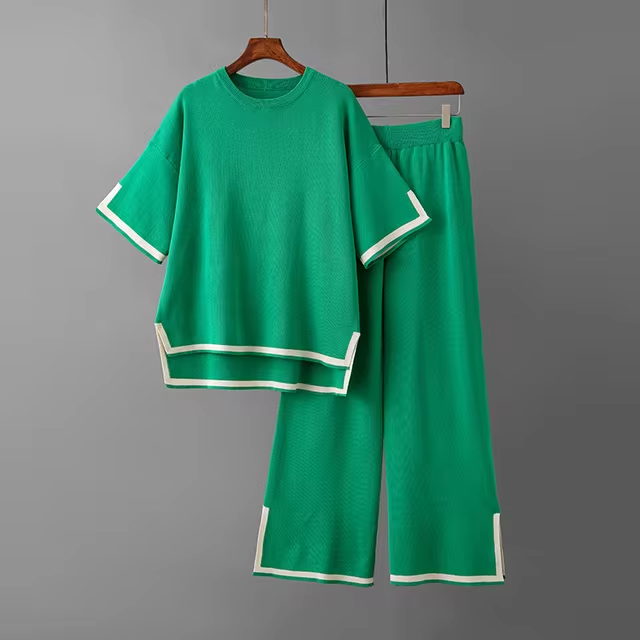 Damen Zweiteiler mit kurzärmeligem Oberteil und Hose mit hoher Taille