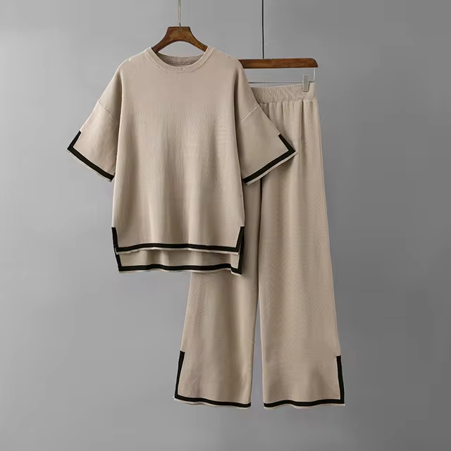 Damen Zweiteiler mit kurzärmeligem Oberteil und Hose mit hoher Taille