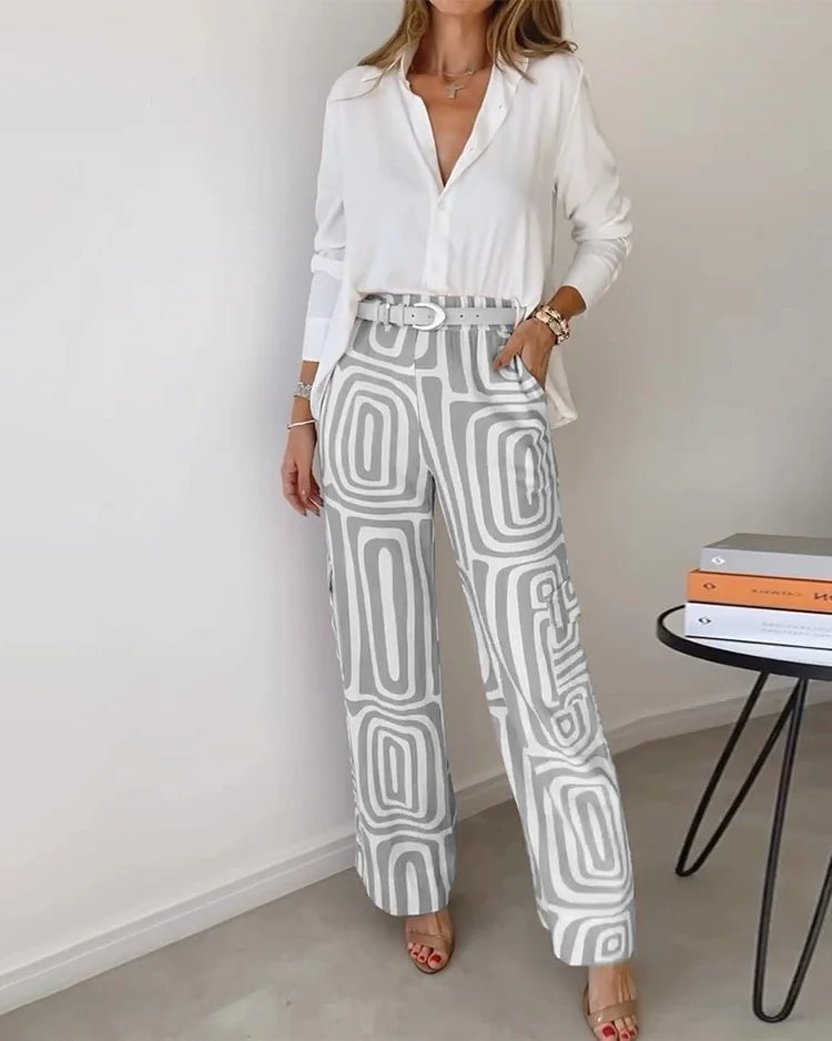 WW | Elegantes Geometrisch Bedrucktes Hemd & Hose Set für Damen