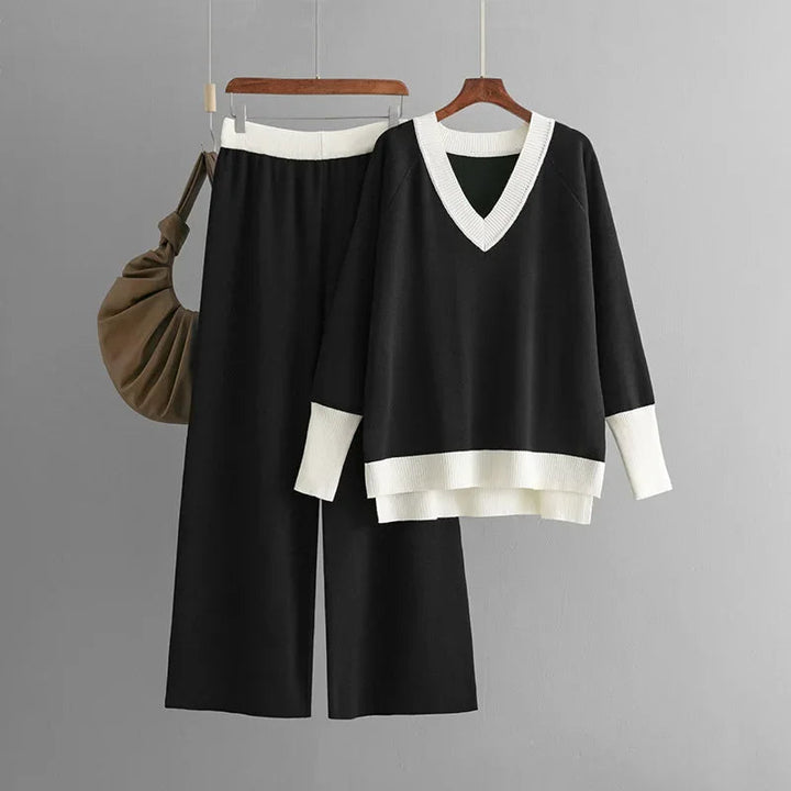 W&W Mode | Stilvolles Set Aus Langärmligem Strickoberteil Und Hose Mit V-Ausschnitt