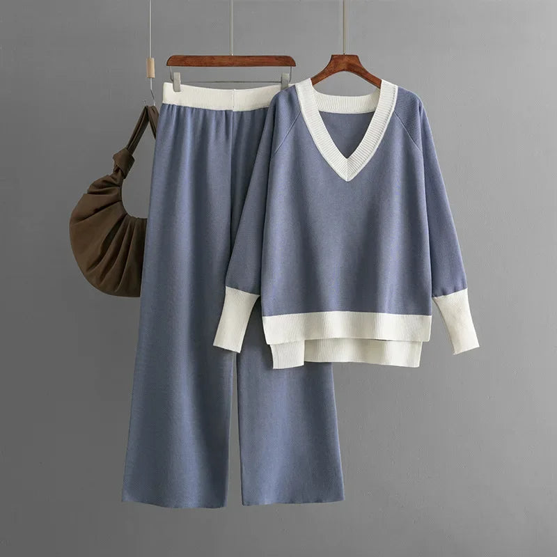 WW | Stilvolles Set Aus Langärmligem Strickoberteil Und Hose Mit V-Ausschnitt