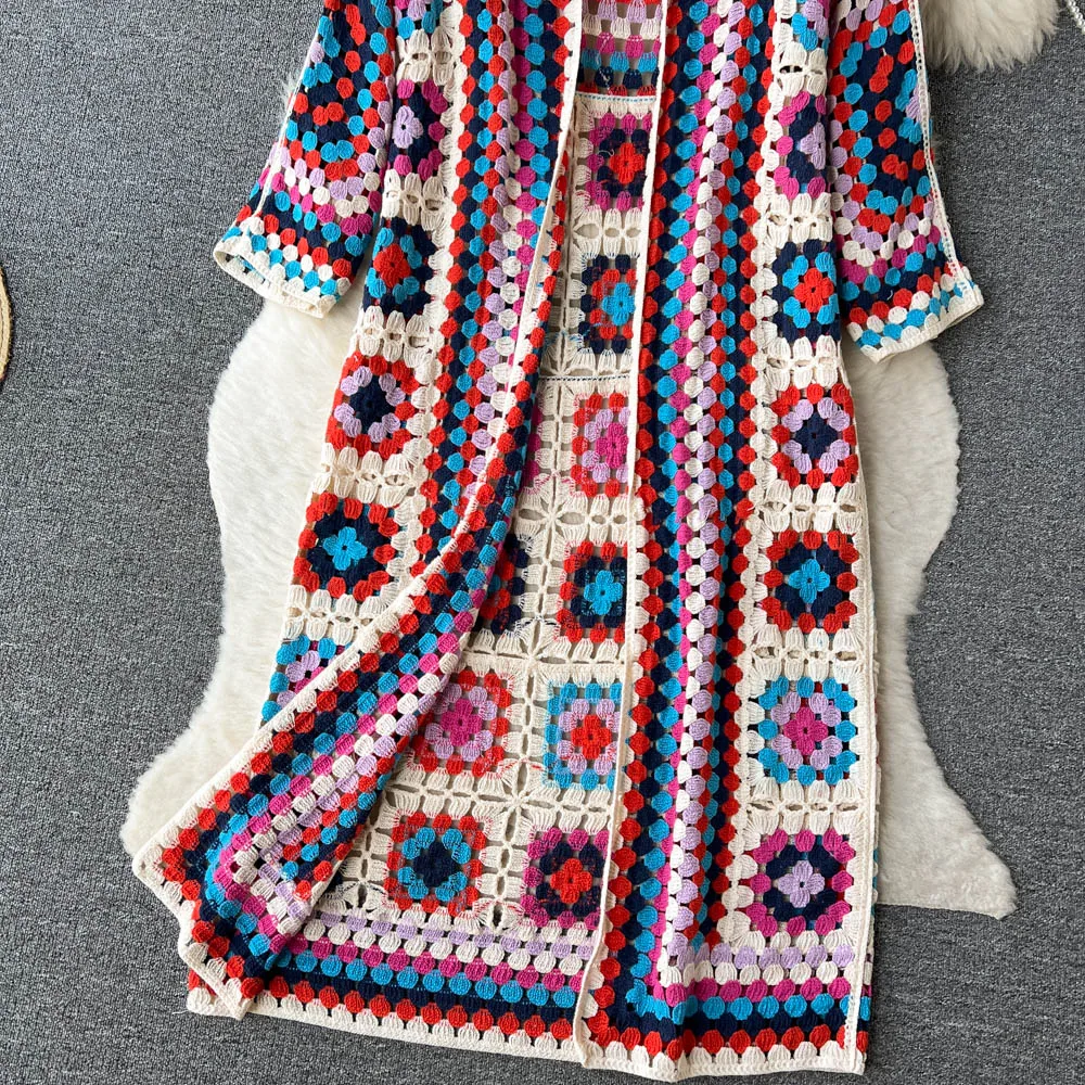 WW | Gehäkelte Lange Granny Square Strickjacke