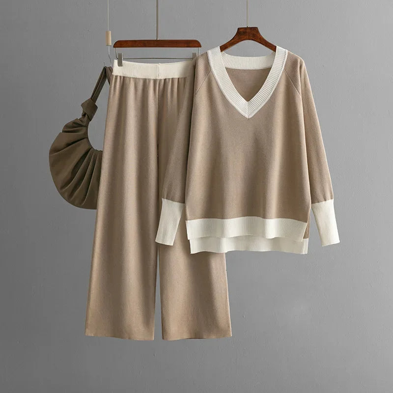 WW | Stilvolles Set Aus Langärmligem Strickoberteil Und Hose Mit V-Ausschnitt