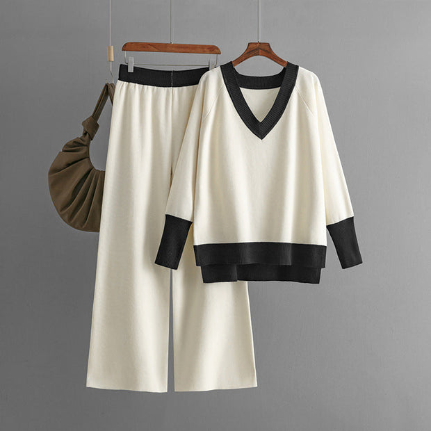 WW | Stilvolles Set Aus Langärmligem Strickoberteil Und Hose Mit V-Ausschnitt
