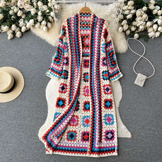WW | Gehäkelte Lange Granny Square Strickjacke
