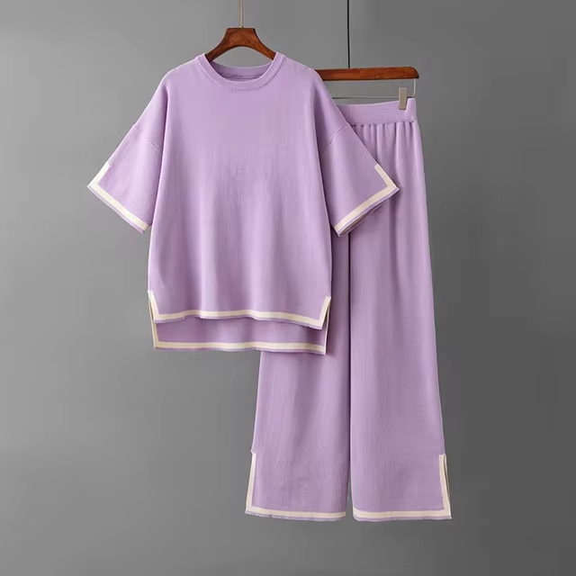 Damen Zweiteiler mit kurzärmeligem Oberteil und Hose mit hoher Taille