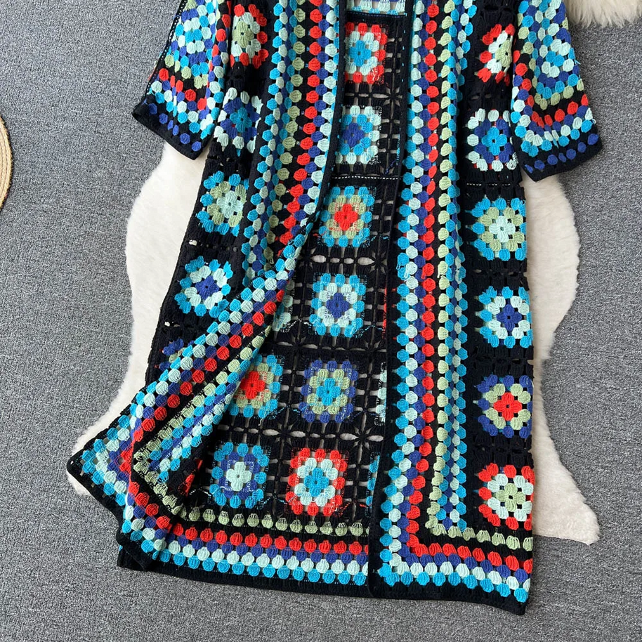 WW | Gehäkelte Lange Granny Square Strickjacke