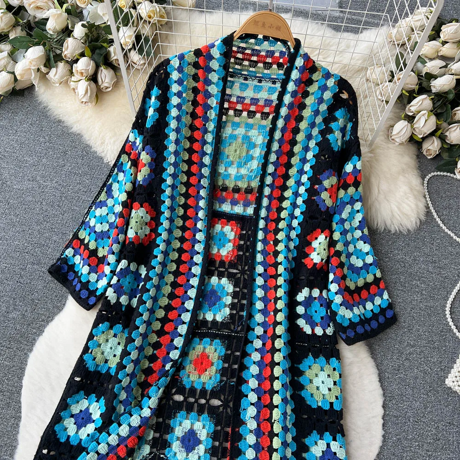 WW | Gehäkelte Lange Granny Square Strickjacke