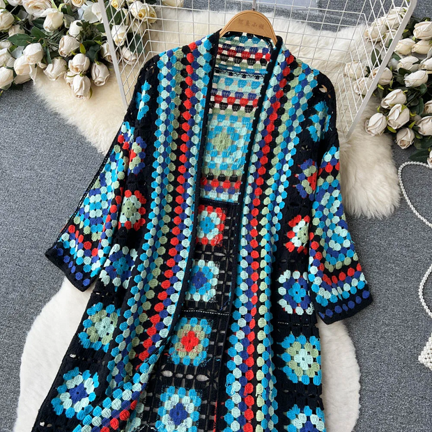 WW | Gehäkelte Lange Granny Square Strickjacke