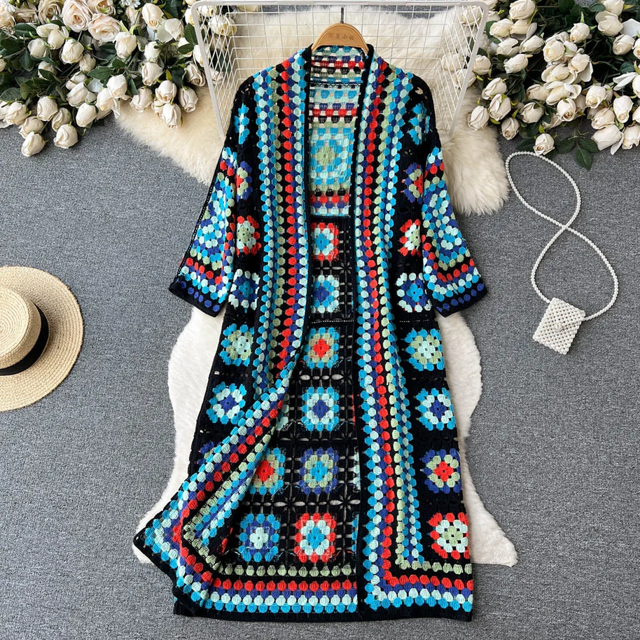 WW | Gehäkelte Lange Granny Square Strickjacke