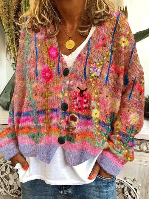 WW | Damen Cardigan aus Wollflanell mit Retro-Druck