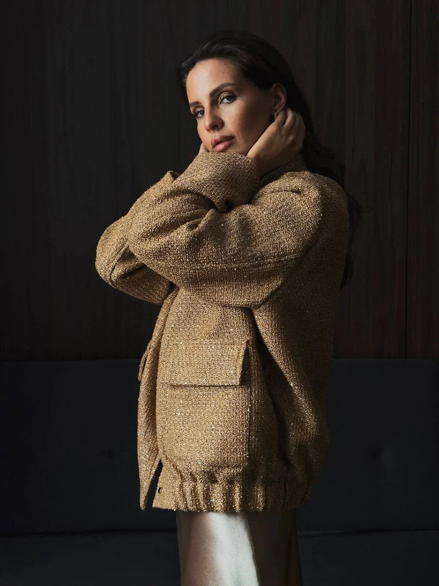 W&W Mode - Damen Pailletten-Tweed-Jacke für einen glamourösen Touch