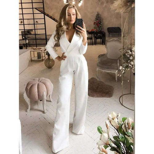 WW | Eleganter Weißer Jumpsuit Mit V-Ausschnitt Für Damen