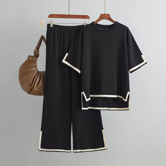 Damen Zweiteiler mit kurzärmeligem Oberteil und Hose mit hoher Taille