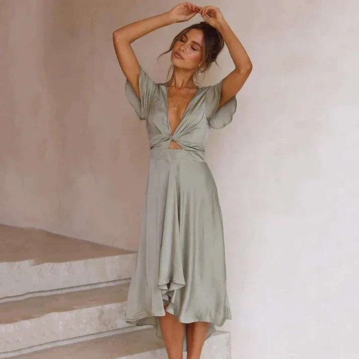WW - Elegantes Wickelkleid aus Seide mit Flügelärmeln und V-Ausschnitt | Schickes Wickelkleid mit V-Ausschnitt und Flatterärmeln