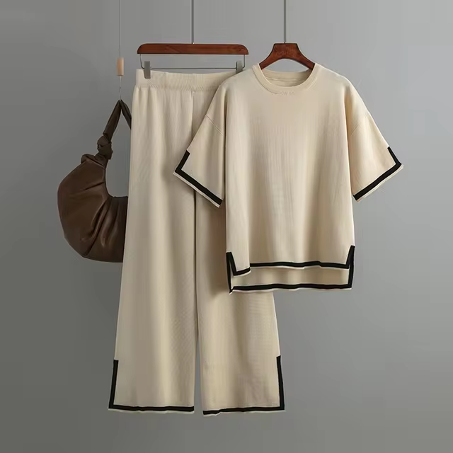 Damen Zweiteiler mit kurzärmeligem Oberteil und Hose mit hoher Taille
