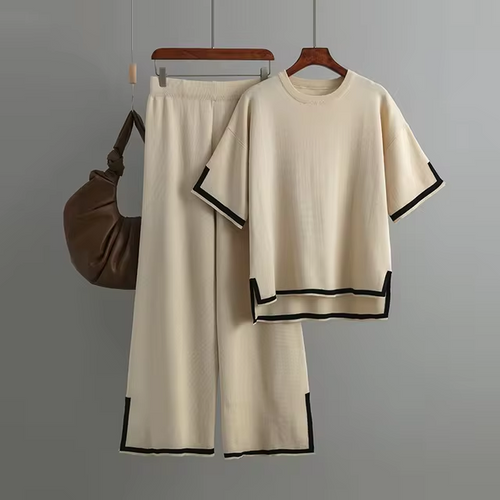 Damen Zweiteiler mit kurzärmeligem Oberteil und Hose mit hoher Taille