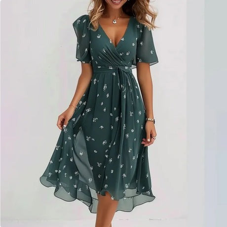 W&W Mode | Blumen V-Ausschnitt Kleid mit Fließendem Rock für Frauen