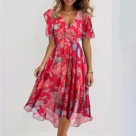 W&W Mode | Blumen V-Ausschnitt Kleid mit Fließendem Rock für Frauen