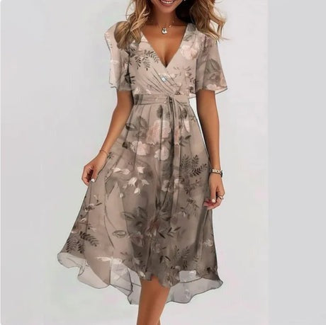 W&W Mode | Blumen V-Ausschnitt Kleid mit Fließendem Rock für Frauen