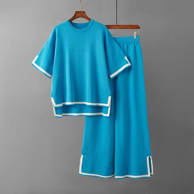 Damen Zweiteiler mit kurzärmeligem Oberteil und Hose mit hoher Taille