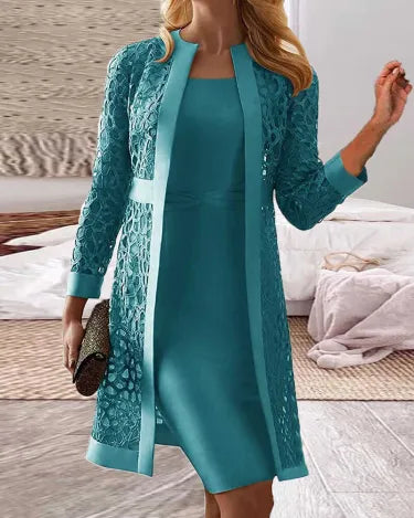 WW | Damen Spitze Strickjacke Kleid Zweiteiliges Set
