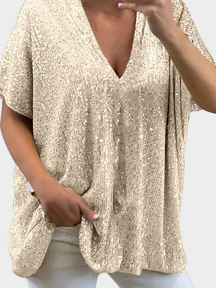 W&W Mode | Paillettenoberteil mit V-Ausschnitt und kurzen Ärmeln für Damen