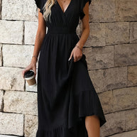 WW | Elegantes V-ausschnitt Kleid mit Hoher Taille und Rüsche Ärmeln