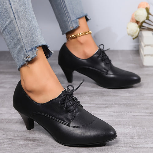 W&W Mode | Schwarze Spitze Damenschuhe Mit Bequemen Mittelabsätzen