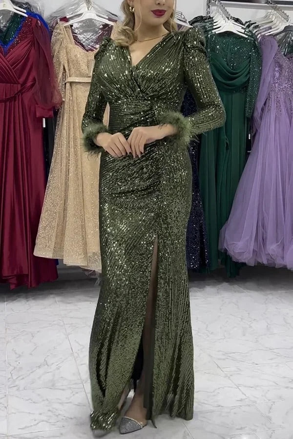 WW | Sparkle World Pailletten Federbesatz Ärmel Schlitz Abend Maxikleid