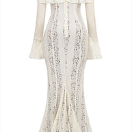 WW | Blumen Spitze Off Shoulder Flare Ärmel Fishtail Maxi Kleider - Weiß