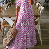 WW | Geometrischer Druck Freizeit V-Ausschnitt Maxi-Kleid