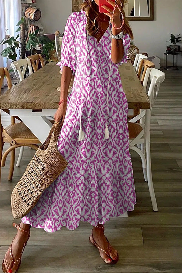 WW | Geometrischer Druck Freizeit V-Ausschnitt Maxi-Kleid