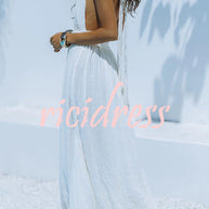 WW Whispers – Drapiertes Maxikleid aus Leinenmischung mit tiefem V-Ausschnitt, Neckholder und rückenfreiem Überzug