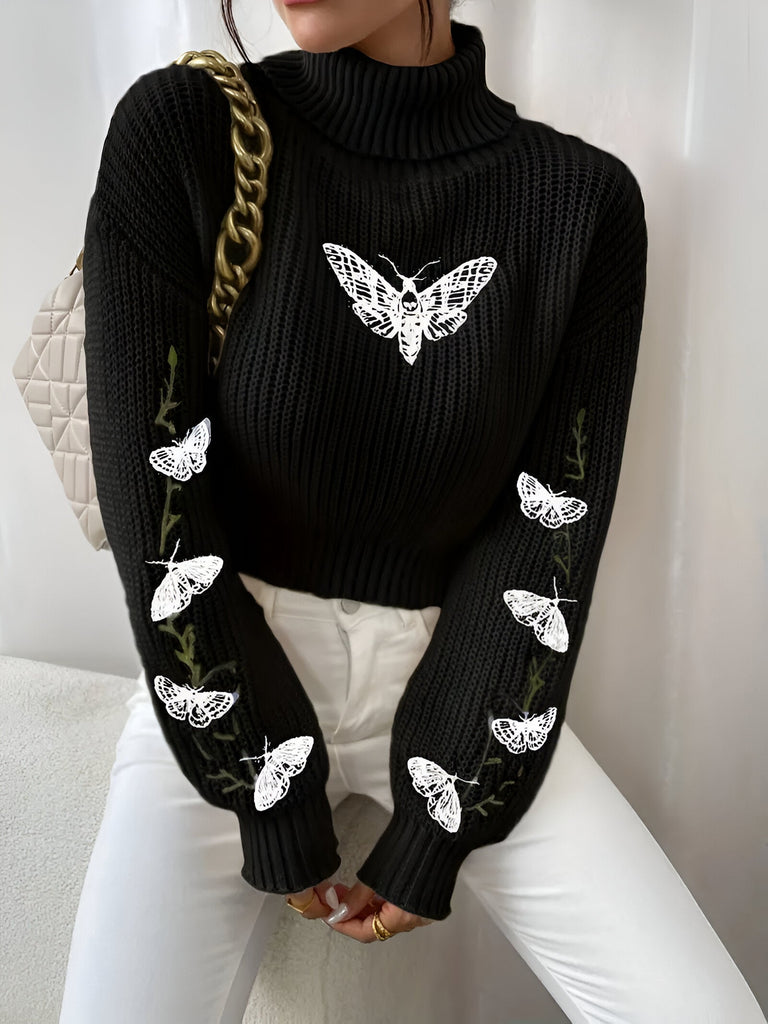WW | Eleganter Cropped Rollkragenpullover mit Schmetterlingsmuster