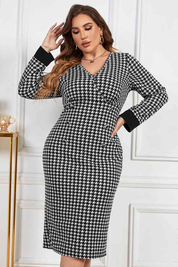 WW | Melo Apparel Plus Size Hundegebiss V-Ausschnitt Midi Kleid