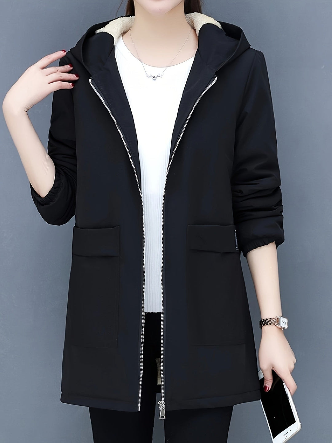 W&W Mode | Kapuzenmantel für Damen - schwarze Freizeitjacke